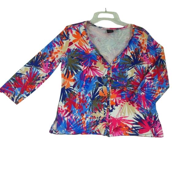 Rafaella Size Medium 100% Cotton Floral Cardigan‎ Sweater Button Front Artsy - Picture 1 of 10